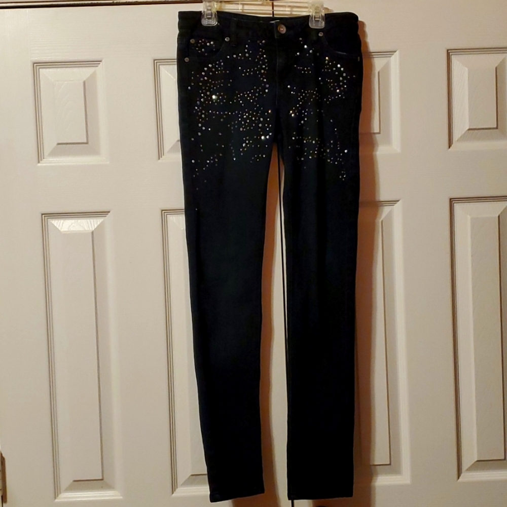 Justice Premium Jeans Girl's 16R Black Stretchy Skinny Jeans with Rhinestones